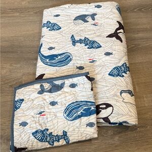 The Big One Whale Print Quilt - Blue and Cream
